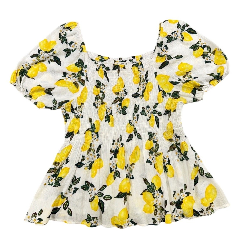 Paper Crane Women Lemon Print Smocked Peplum Top White Yellow Puff Sleeve Medium